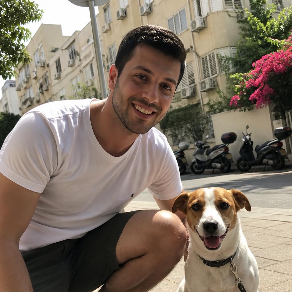 לונה, כלבה קטנה, והבעלים שלה מחייכים למצלמה ברחוב
